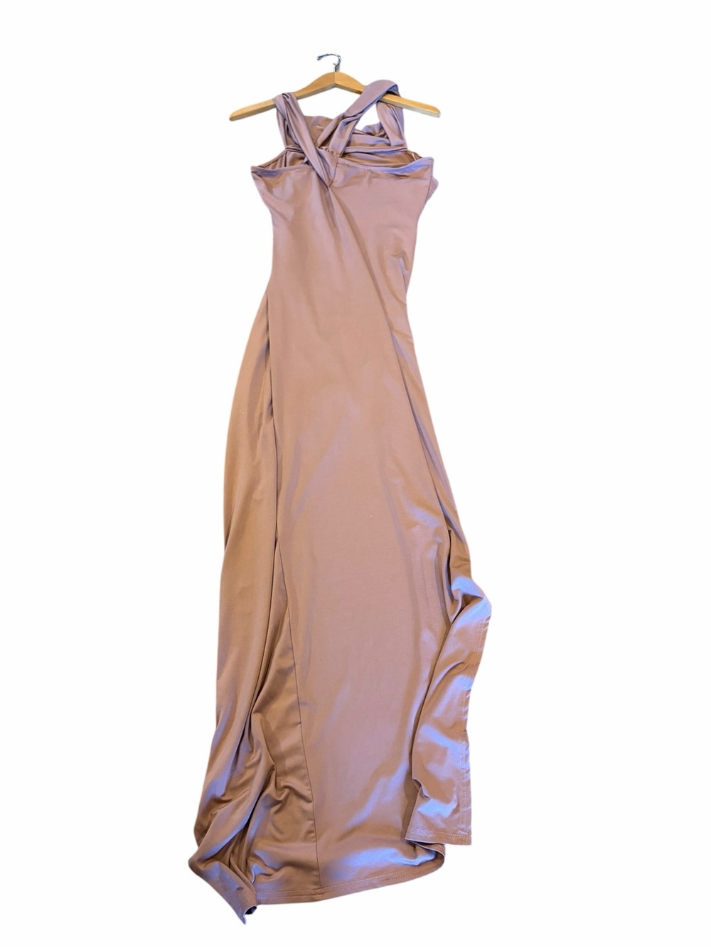 BALTIC BORN Mauve Satin Cowl Drape Neck High Slit Maxi Dress Gown - Picture 2 of 5